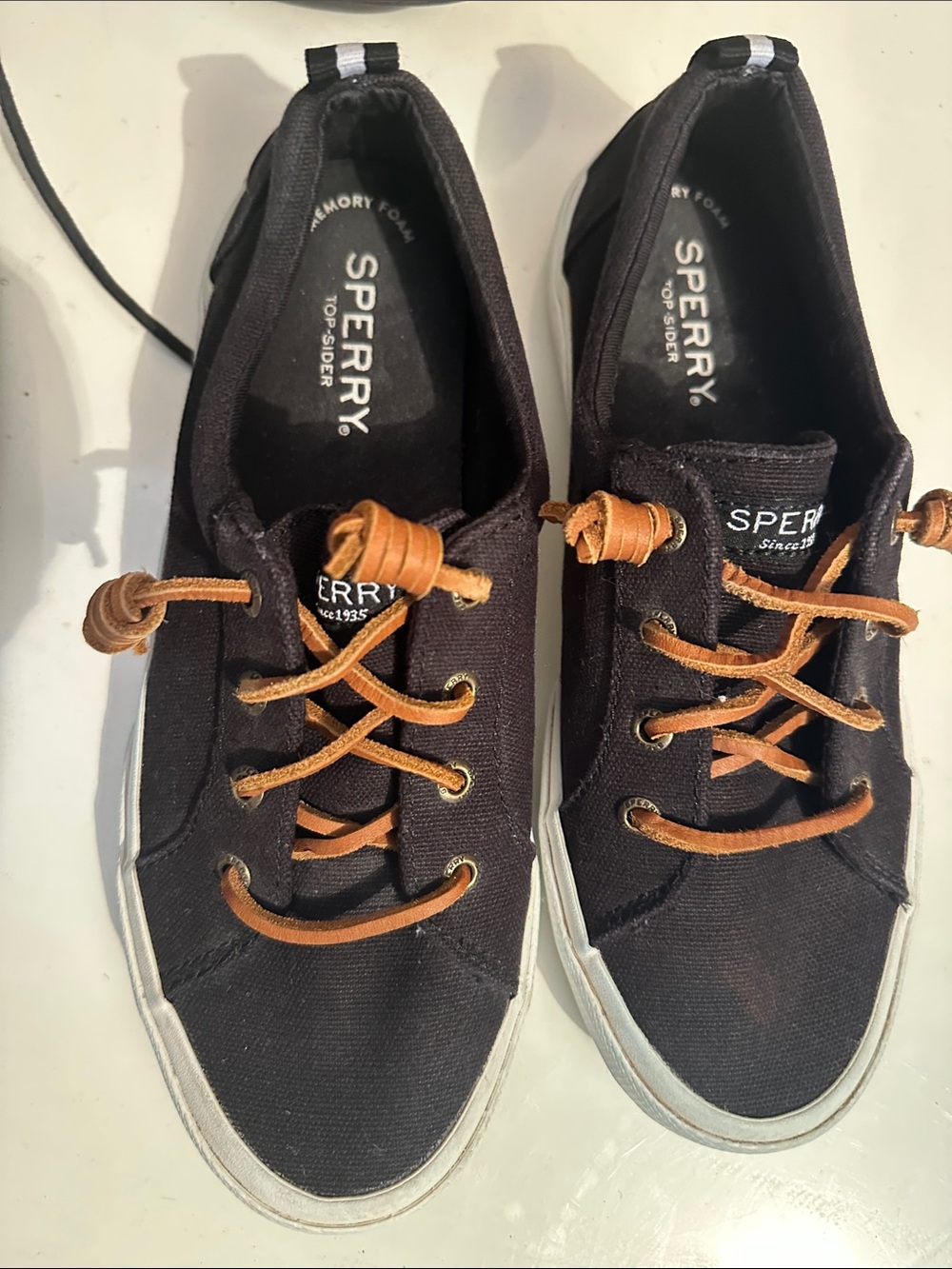 Sperry Men’s Black Canvas Boat Shoes with Brown Laces